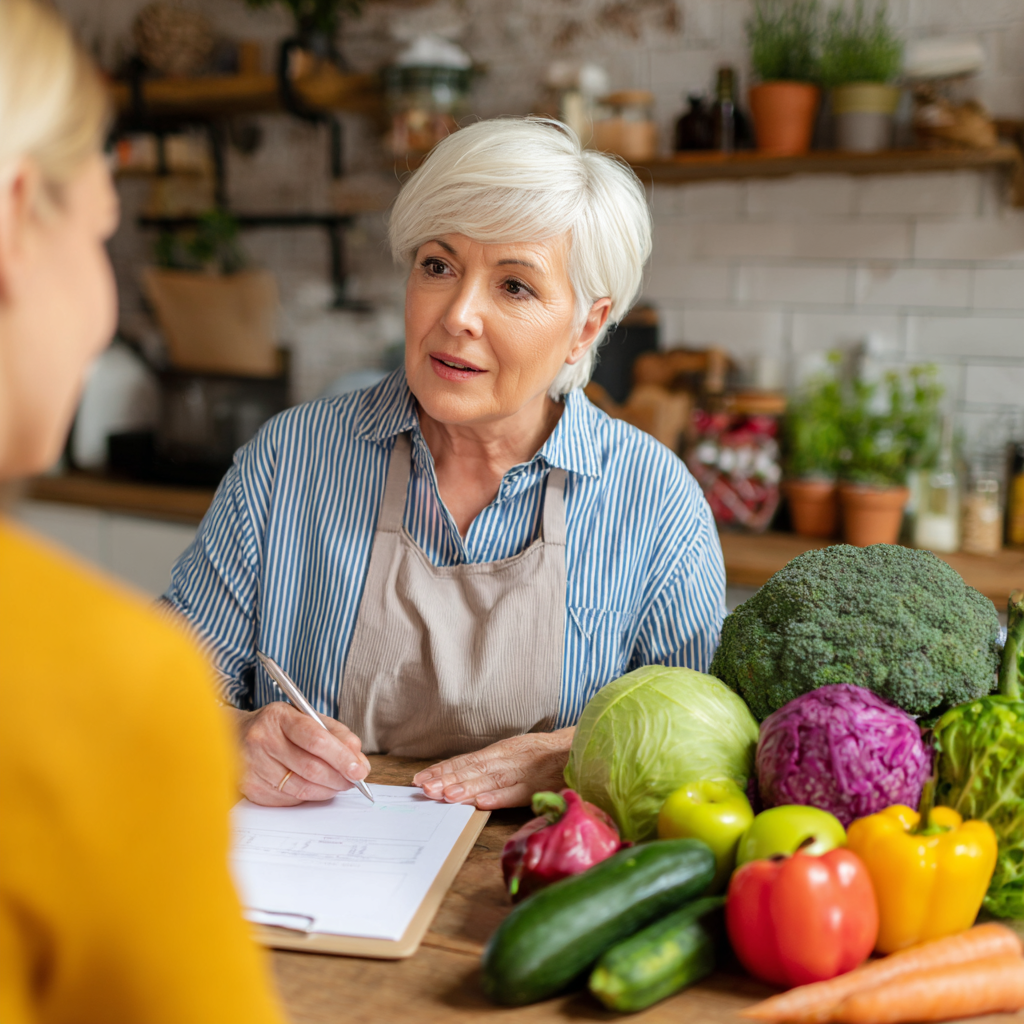 Middle-aged nutritionist consulting with client about balanced meal planning