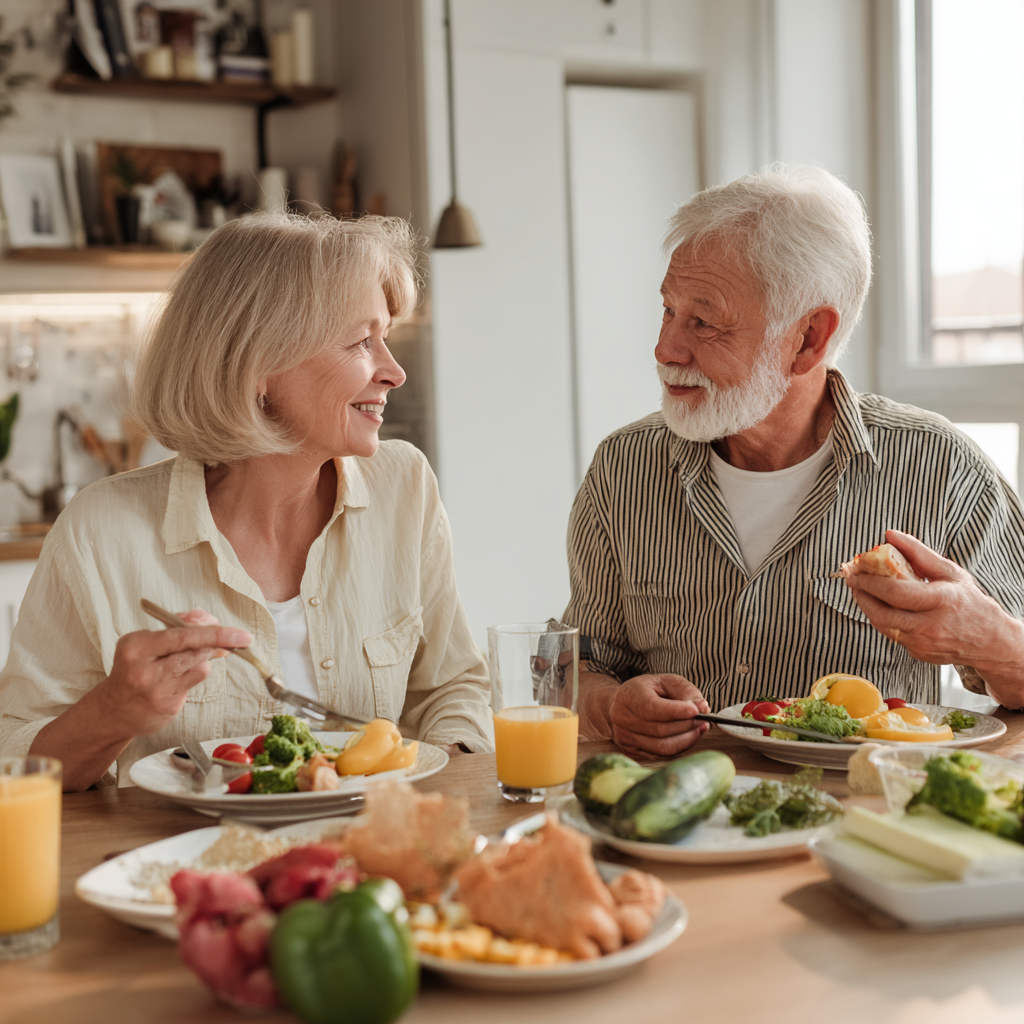 Senior adults enjoying nutritious meal together in bright kitchen